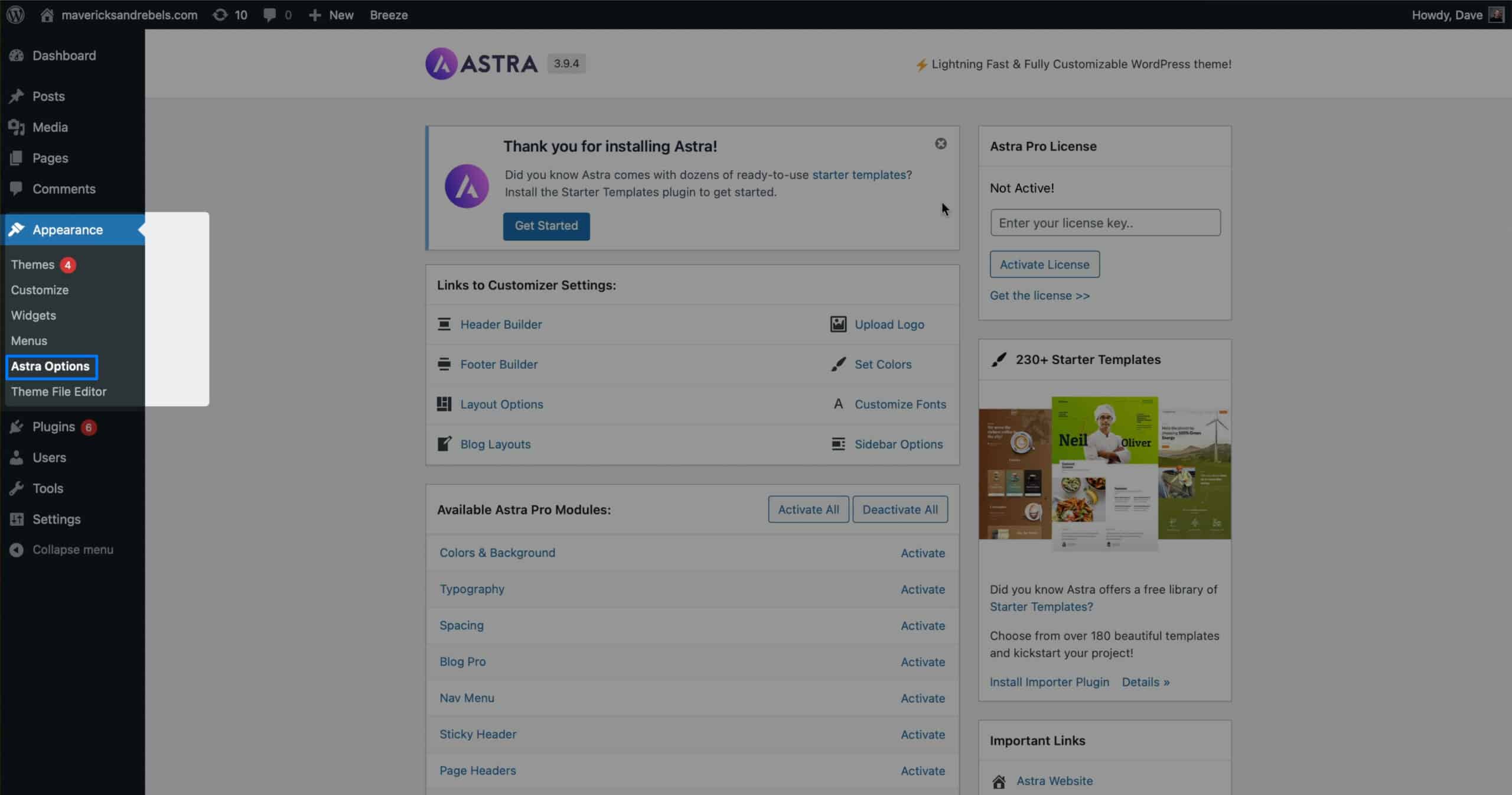 Accessing Astra Options under Appearance